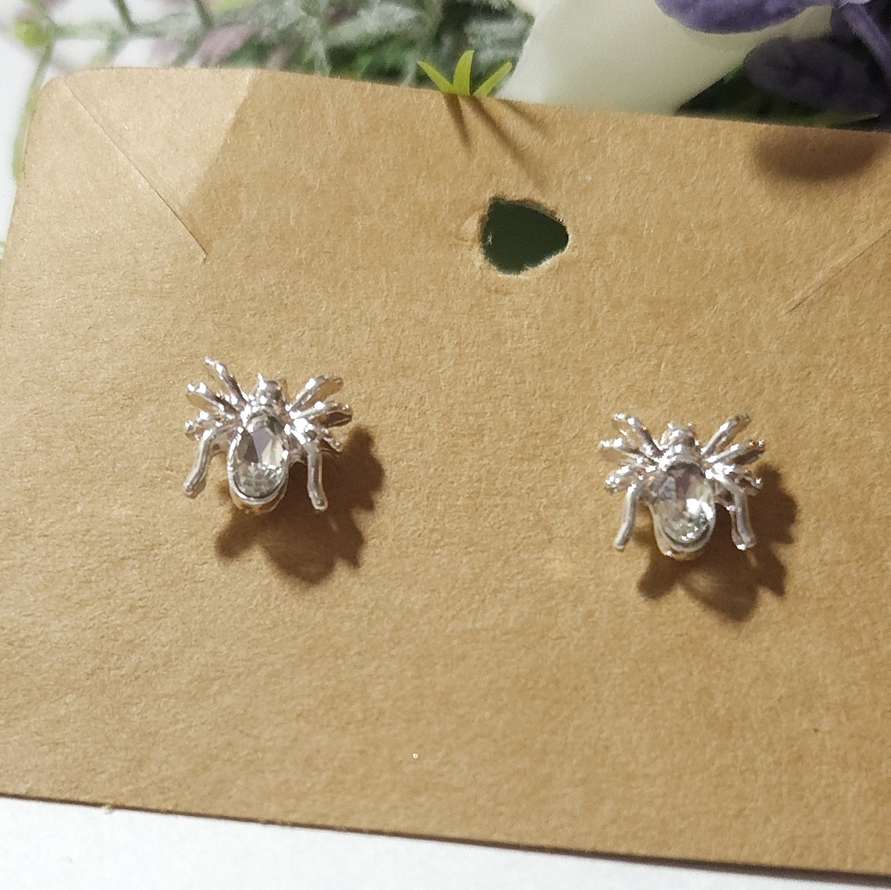 Sterling Silver Crystal Spider Stud Earrings Glass Crystal Spider Earrings - Picture 4 of 8